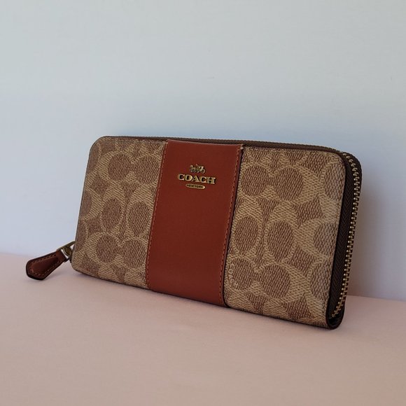 COACH Signature Logo Coated Canvas & Leather Slim Accordion Zip Wallet- Tan Rust - Picture 5 of 16